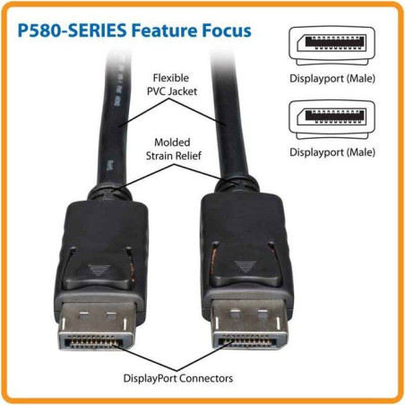 Câble DisplayPort - Eaton - P580-010 - Verrous de sécurité - 4K 60 Hz - Longueur 3,05 m