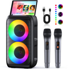Enceinte karaoké ANKUKA 2026 ( nouvelle génération ) - avec 2 micros sans fil - compatible avec TV/Smartphone/TWS/AUX/USB/F Noir