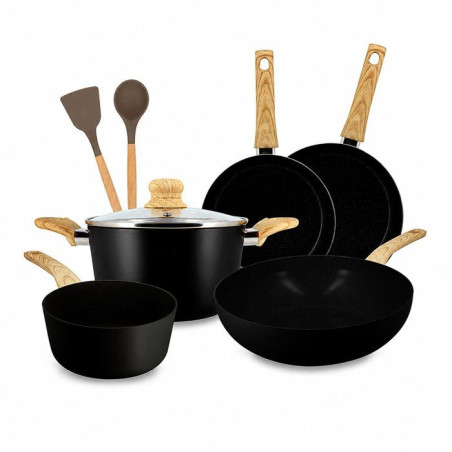 Batterie de cuisine induction - MENASTYL - Colorama Noir - Aluminium recyclé - Revetement antiadhésif - 9 pieces - Design mode