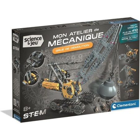 Grue de démolition - CLEMENTONI - Mon Atelier Mécanique - Des 8 ans - Fabriqué en Italie - Coffret de construction enfant