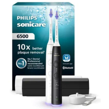 Brosse a dents électrique sonique double manche - PHILIPS - HX7419/01 - Série 6500 - blanc et noir - Bluetooth