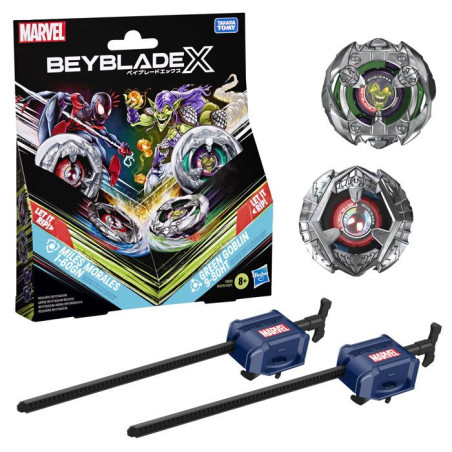 Beyblade X Miles Morales 1-60GN contre Green Goblin 9-80HT, 2&nbsp;toupies de compétition Takara Tomy, 2&nbsp;lanceurs, des 8&nbsp;ans
