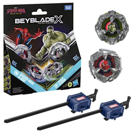 Beyblade X et Marvel, Spider-Man 6-60R contre Hulk 3-85N, 2&nbsp;toupies de compétition Takara Tomy, 2&nbsp;lanceurs, des 8&nbsp;ans