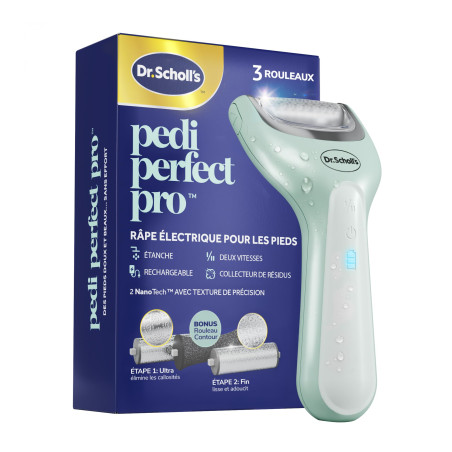 Dr. Scholl\'s Râpe électrique Pieds Pedi Perfect Pro avec 3 rouleaux Nano Tech - Élimine les callosités pour des pieds doux et b