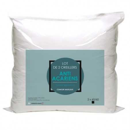 Lot de 2 Oreillers Microfibre - Anti-Acariens - 60 x 60 cm - Blanc